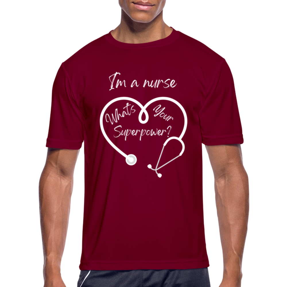I'm a Nurse (white logo) Men’s Moisture Wicking Performance T-Shirt - burgundy